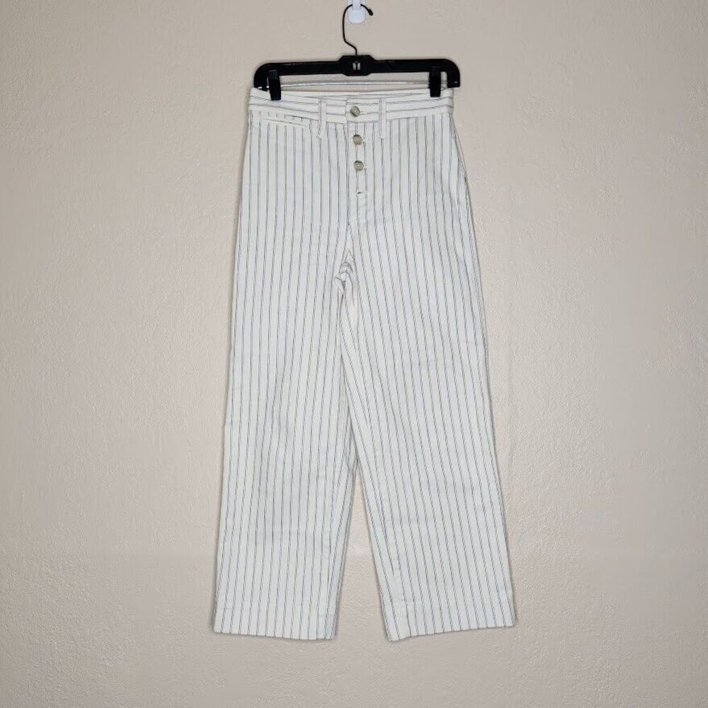 Madewell Crop Pants Womens 25 White Blue Striped Button Fly Slim Emmett Wide-Leg
